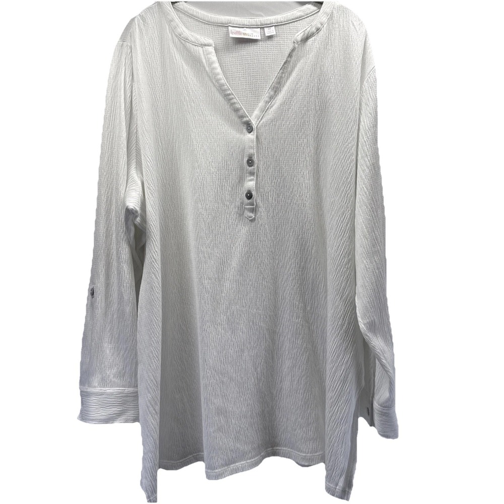 Belle by Kim Gravel Womens Top Sz 2X Crinkle White Roll Tab Long Sleeves Popover